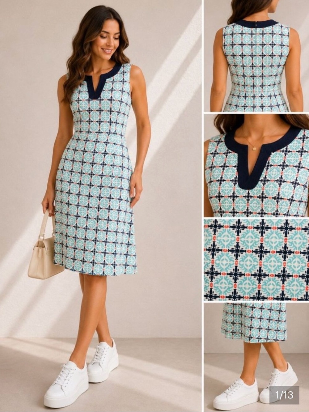 Talbots Linen Cotton Shift Dress blue with geometric shapes size 10